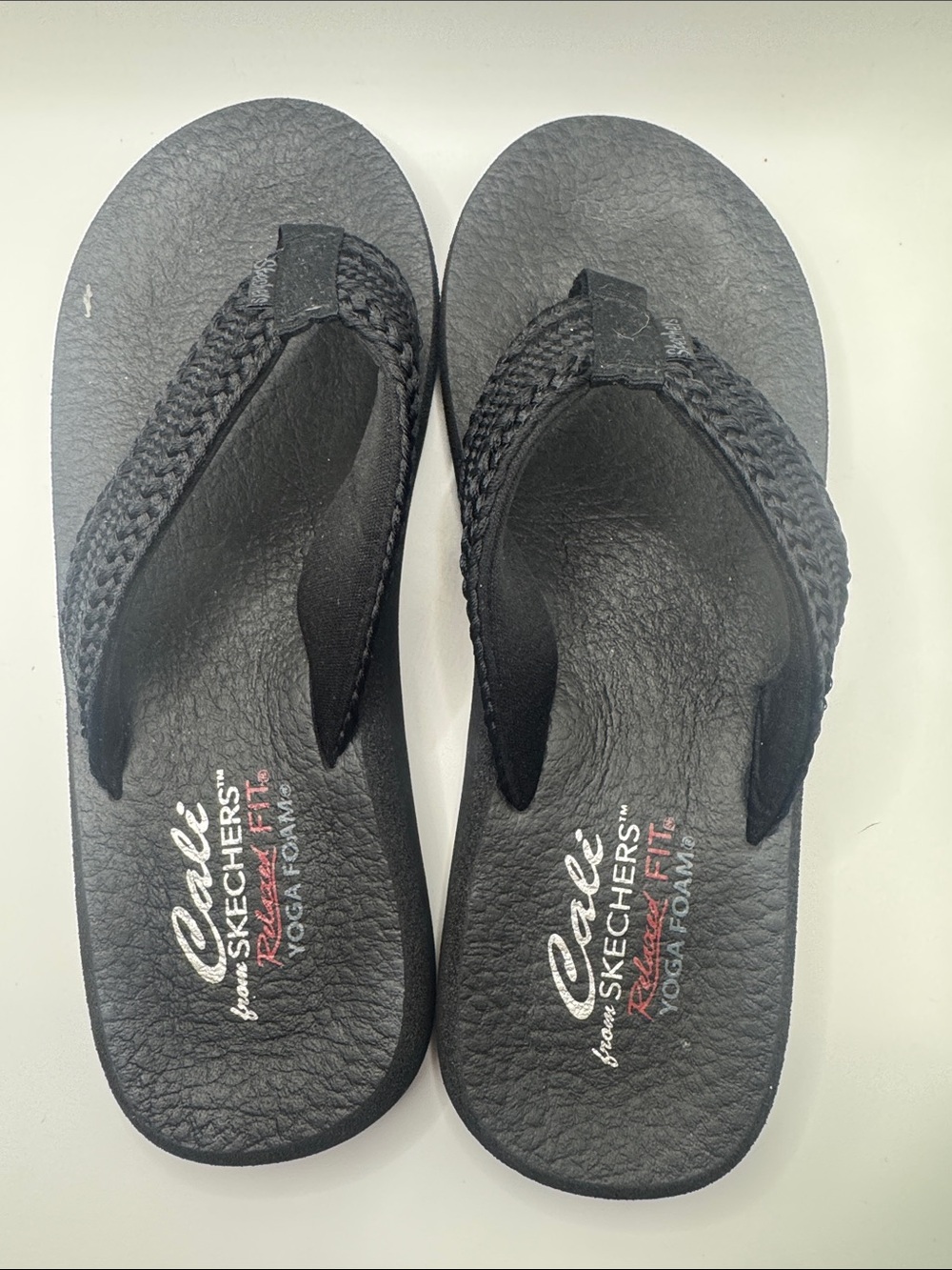 Skechers Asana Hidden Valley Black Braided Strap Yoga Foam Flip Flops Sz 9